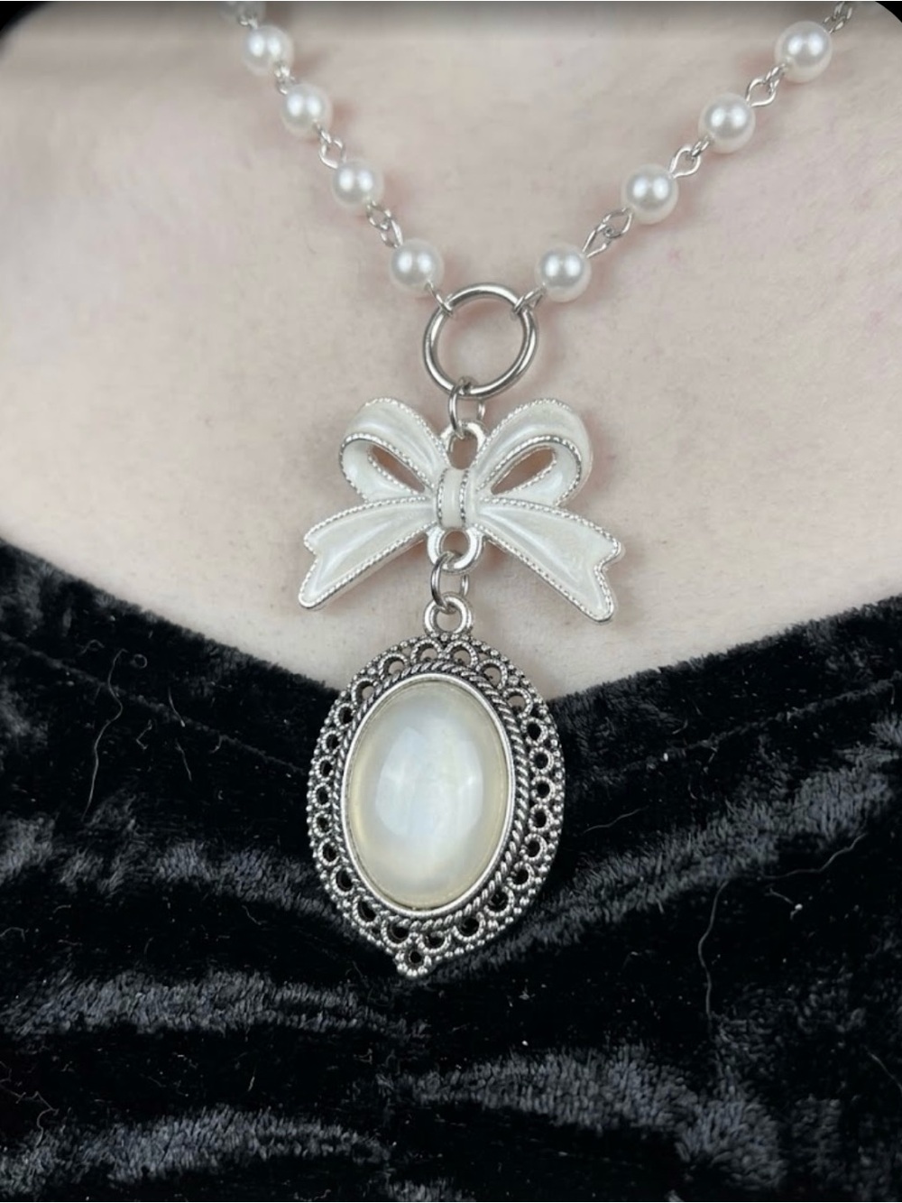 Hand Crafted Beaded Necklace with White Bow & Pendant